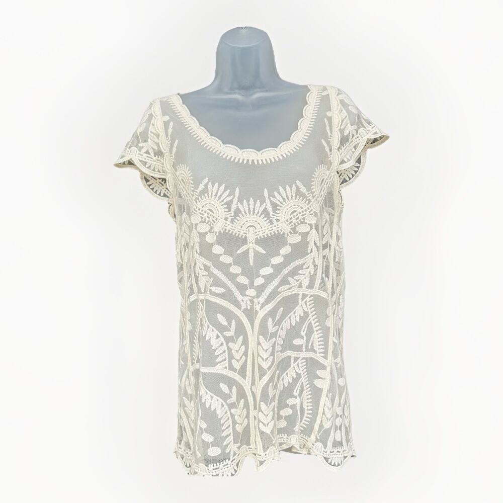 Capri Clothing Brand Ivory Womens Small Lace Round-Neck Boho Sheer Blouse Whimsy - Picture 3 of 10